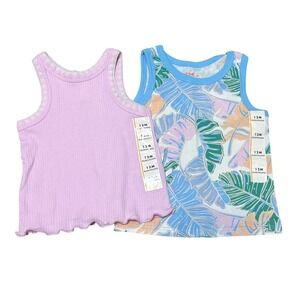 Cat & Jack Girls 12M Tank Top Set Purple Ribbed Tropical Palm 2pc Bundle New